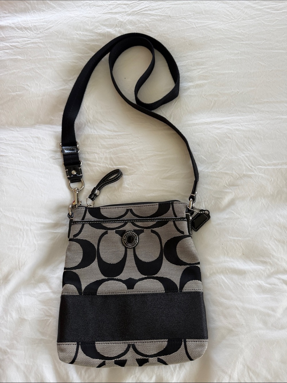 Coach Black and Gray Signature Crossbody with Leather Trim
